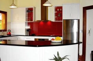 Transitional Style Shaker Kitchens in Satin Two Pack with Absolute Black Granite Benchtops, made by Compass Kitchens of Adelaide