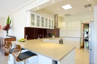 Satin White Two Pack Shaker Kitchens, Federation Kitchen Renovations, Hampton Style with Quantum Quartz Benchtops, at Prospect, Nailsworth, Sefton Park, Walkerville, Hindmarsh and Vale Park, by Adelaide’s Compass Kitchens.
