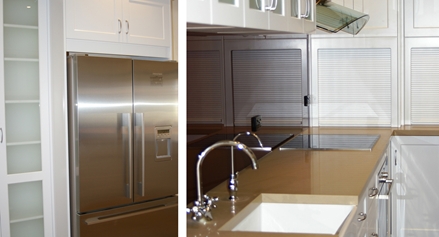 Glass Front Pantry. Tambour door appliance storage